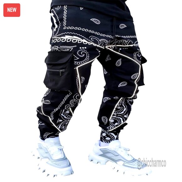 Men's Paisley Cargo Joggers with Reflective Strips Adjustable Cuffs Polyester